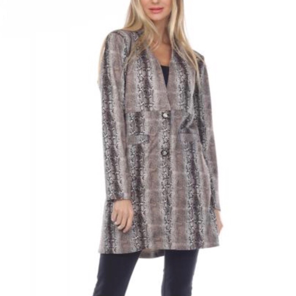 Suede snakeskin print pocket coat.